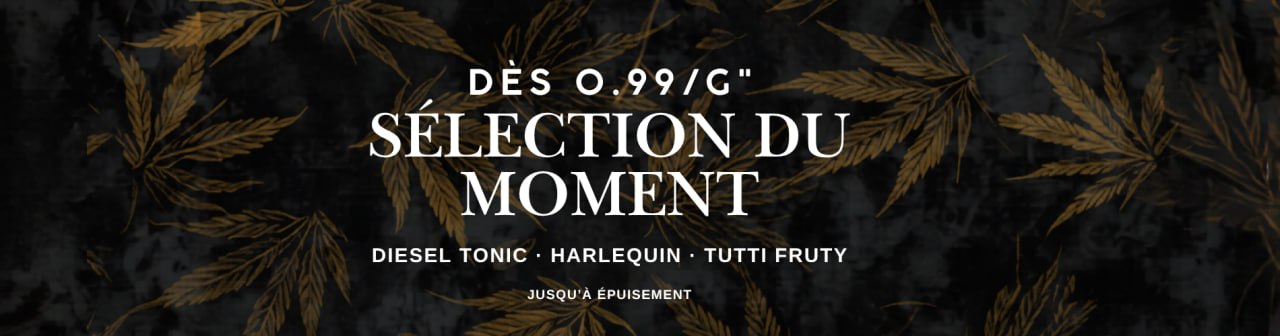 Bannière Green Gold Swiss — Sélection du Moment CBD dès 0.99€/g — Diesel Tonic, Harlequin, Tutti Fruty
